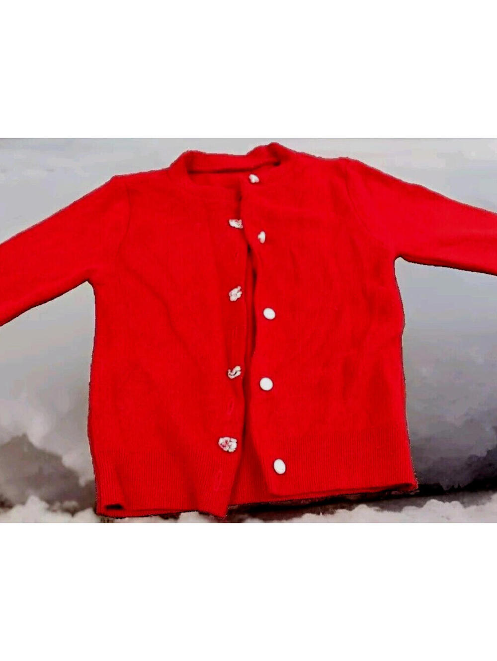 Vintage 60s 70s Girls Red Sweater Pullover Cardigan Buttons & Tiny Floral Patchs